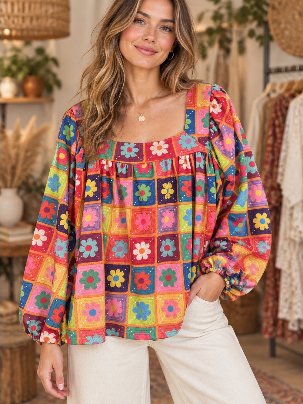 BiBi Multi-Color Floral Patchwork Print Top (090789) 🌼 ☮️
